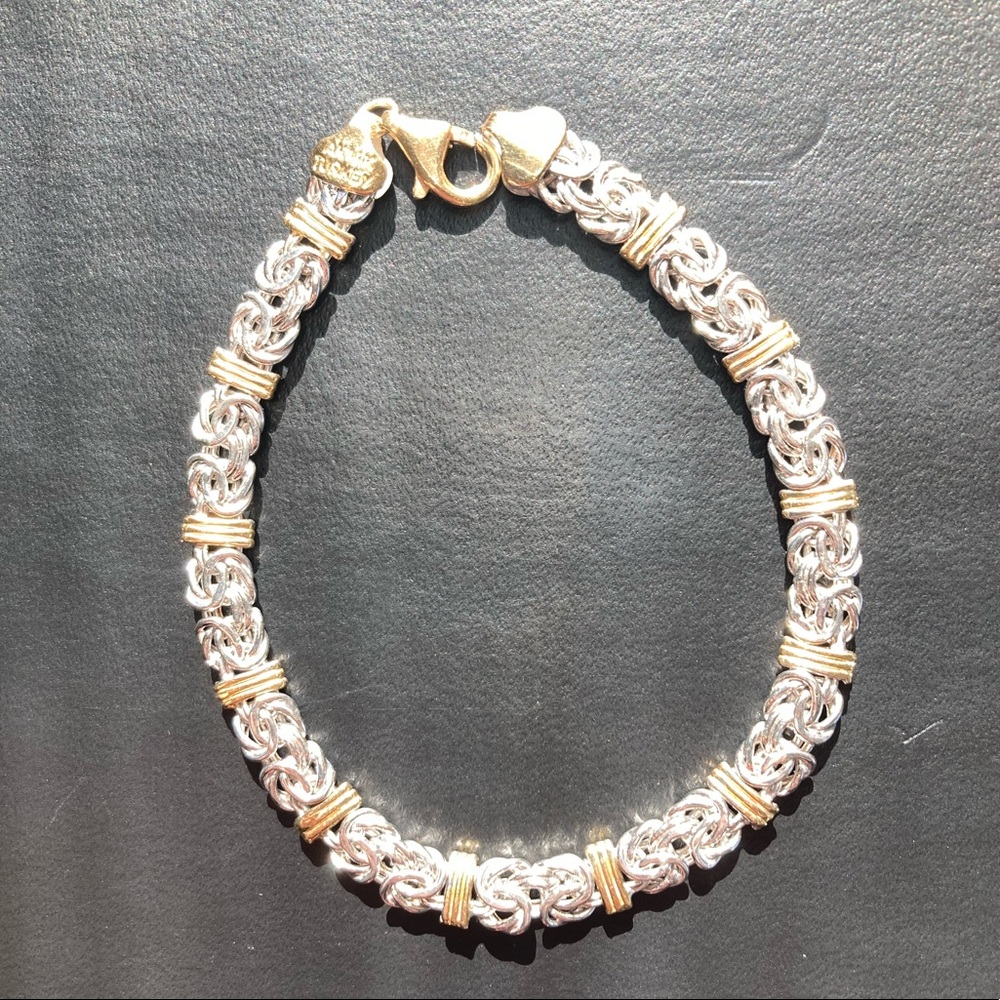 7.5 Domed Status Byzantine Bracelet 14K Yellow White Gold